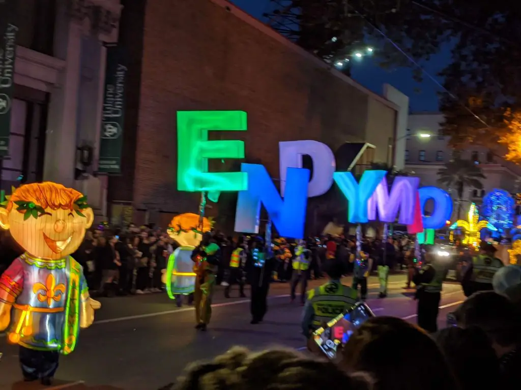 Mardi Gras Carnival New Orleans - endymion night time krewe with lit up parade