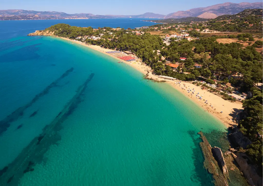 best beaches in kefalonia - ariel view of Makris Gialos (on the left) to Platis Gialos beach
