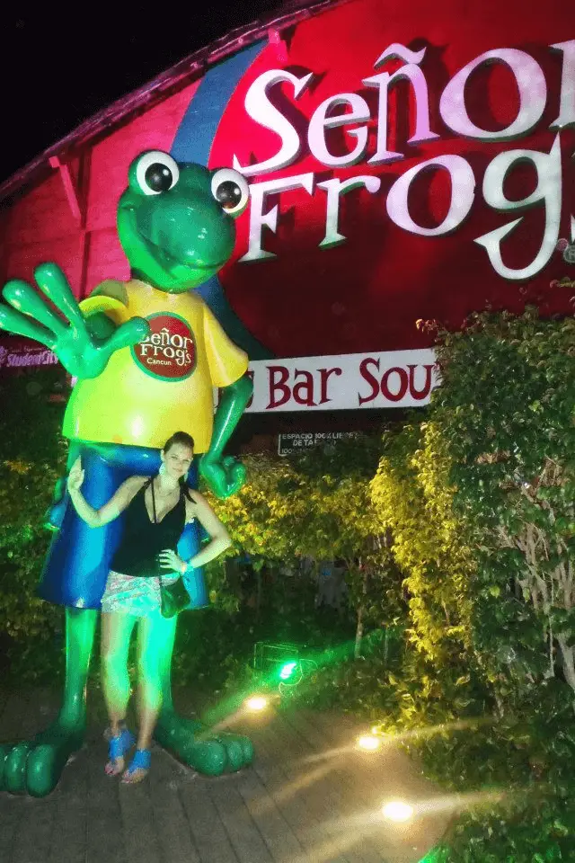 spring break cancun mexico, outside the frog statue at senior frogs