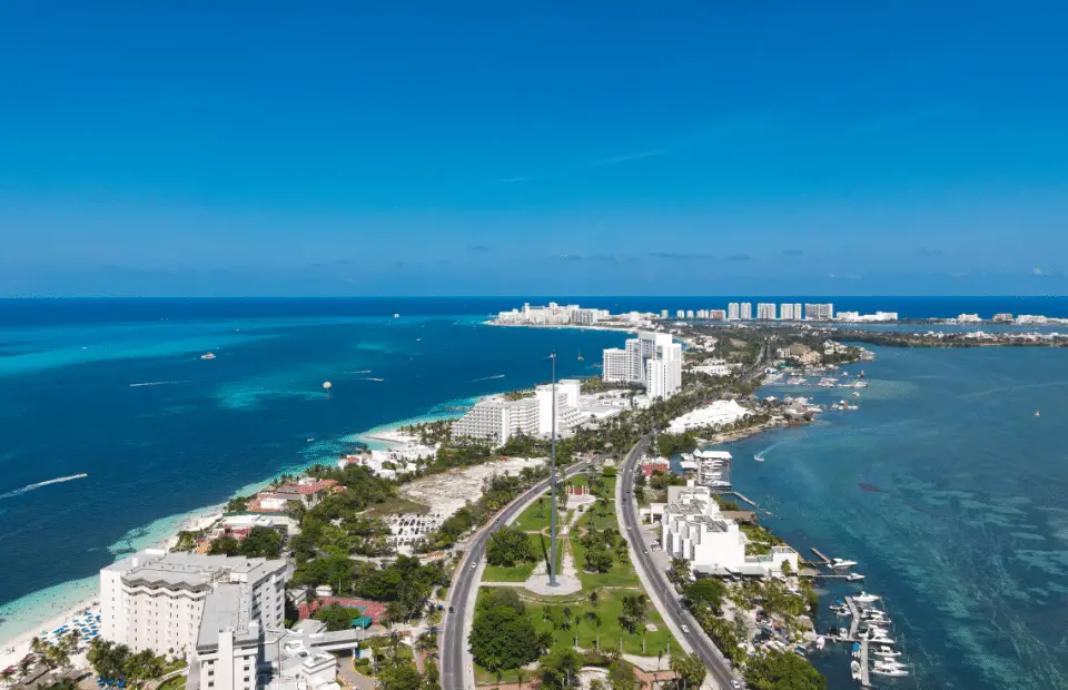 Spring break cancun mexico, ariel view of the hotel district and beaches 