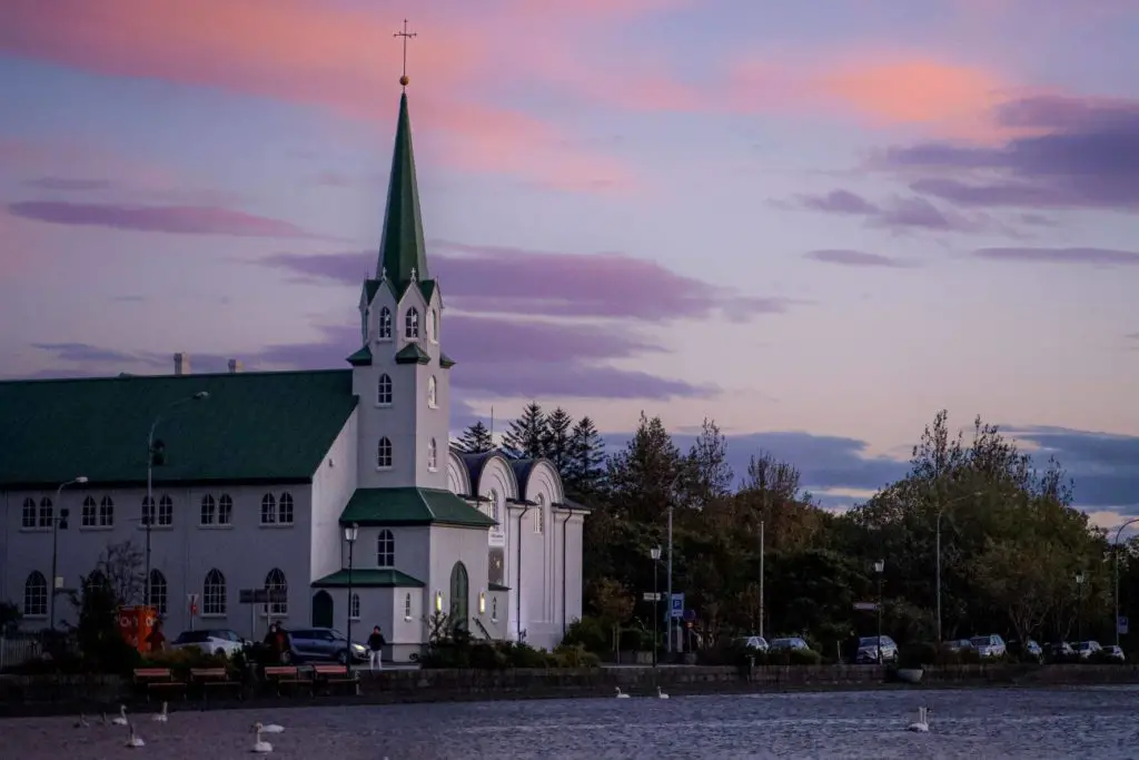 mini moon ideas in Europe - Reykjavik, Iceland city view at sunset